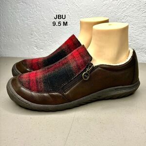 JBU Crimson Brown Vegan Leather Red Black Plaid Flat Oxford Womens Size 9.5M
